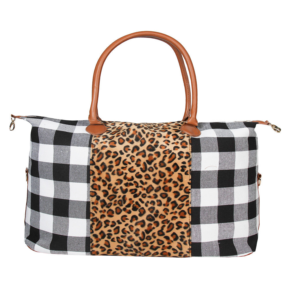 Women's Fashion Leopard Print Black And White Check Handbag Travel Bag