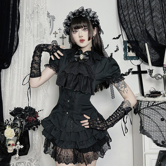 Dark Gothic-style Sexy Figure-hugging Lace-panelled Shirt