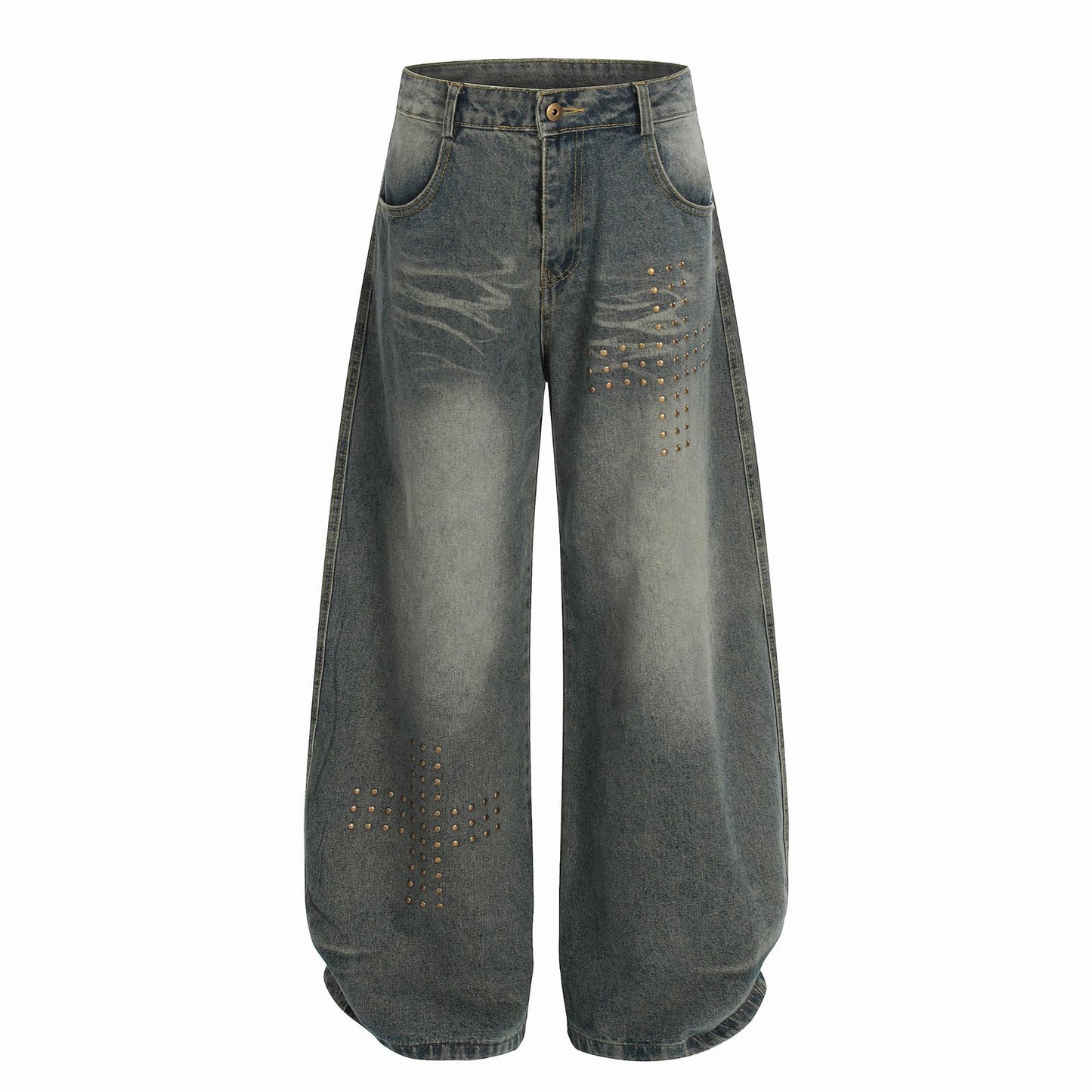 American-style Rivet-deconstructed Distressed Washed Denim Jeans