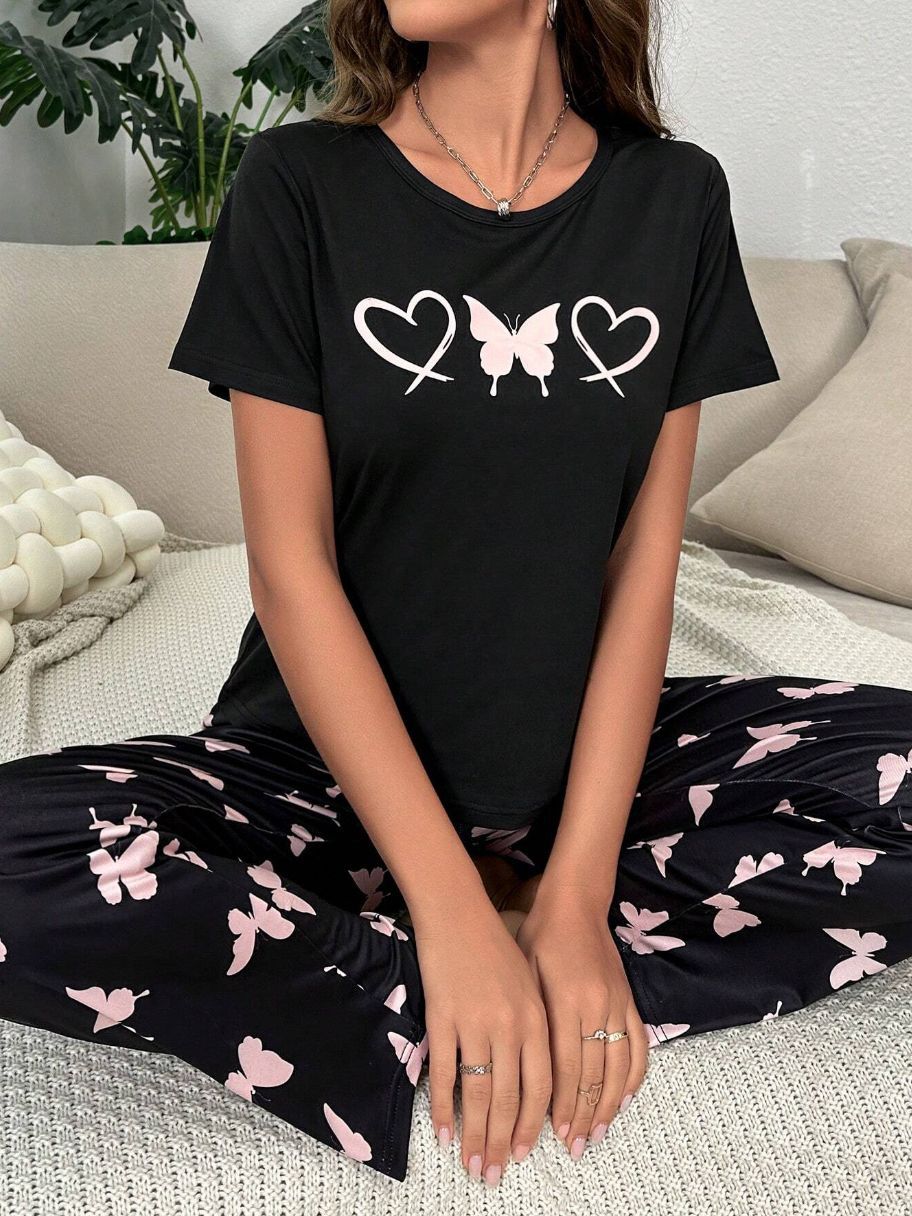 Home Round Neck Printed Short Sleeve T-shirt Top And Trousers Suit