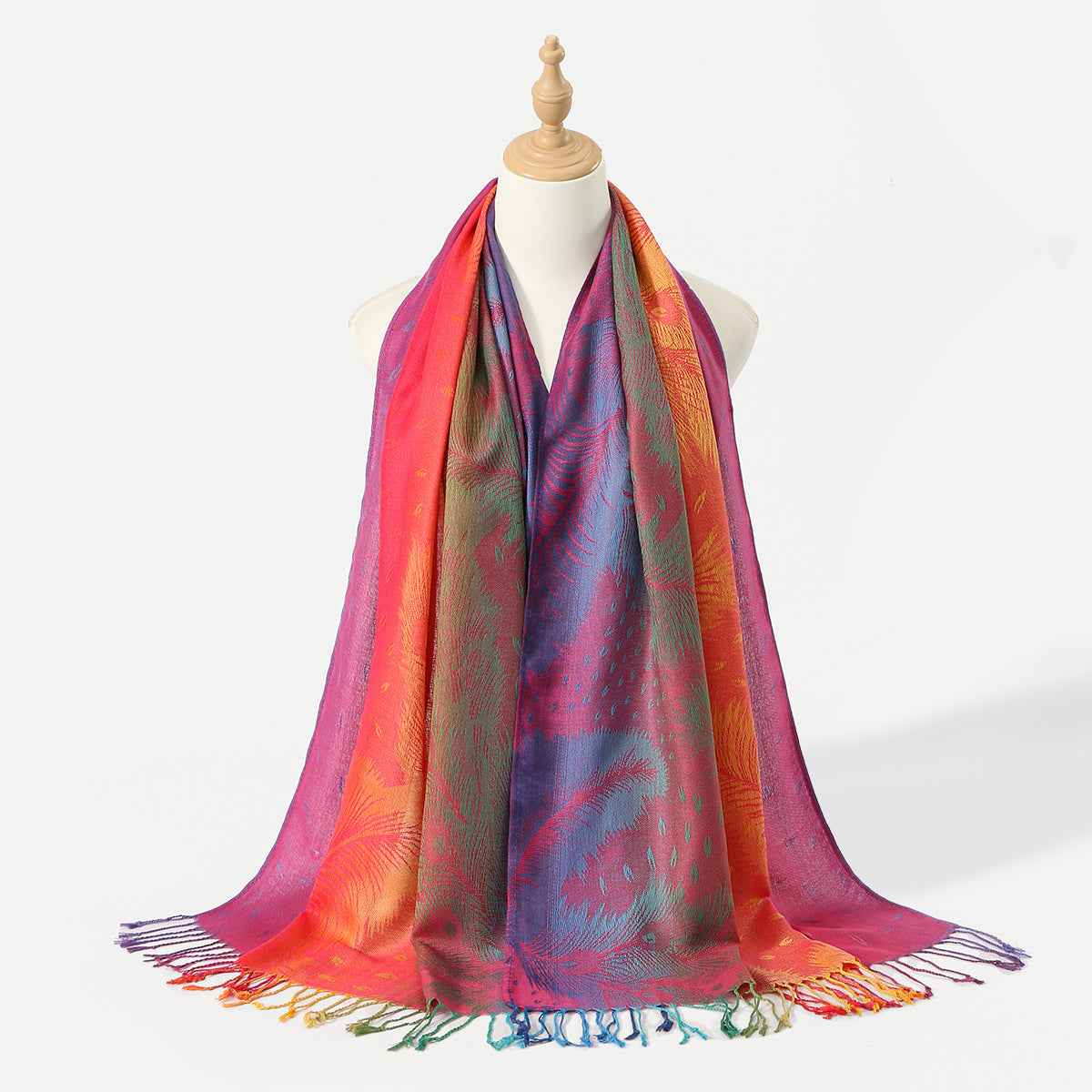 Womens Ethnic-Style Gradient Embroidered Colorful Cashew Tassel Shawl
