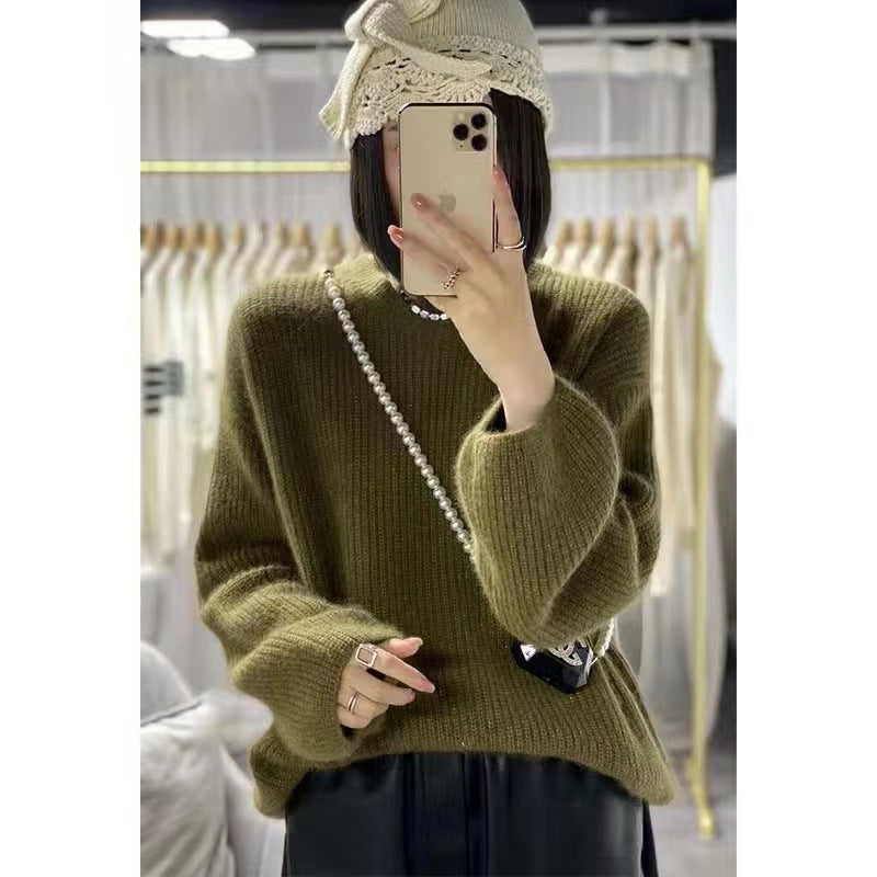 Round Neck Lantern Sleeve Knitted Sweater Lazy Style