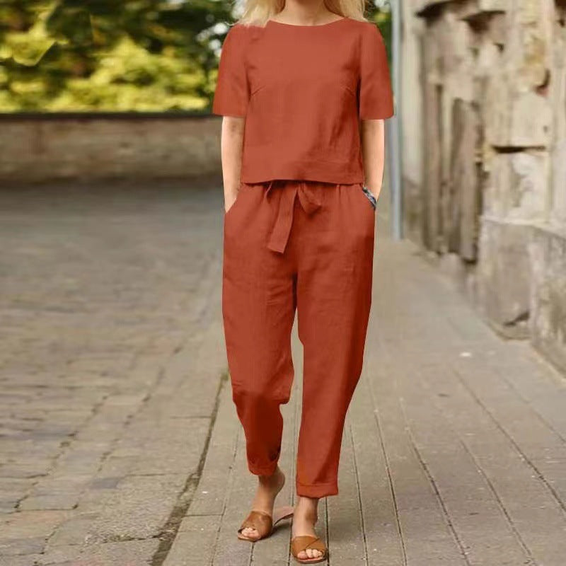 Women's Linen Cotton Summer Set Short Sleeve Vintage Set