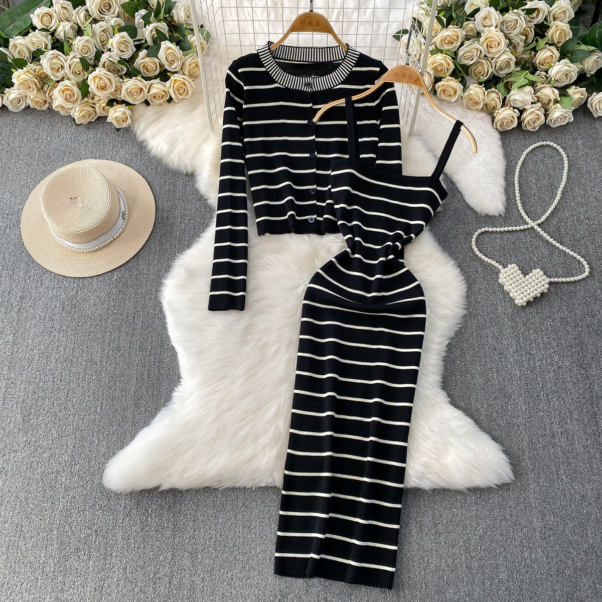 Elegant Striped Slip Dress And Knitted Cardigan Set
