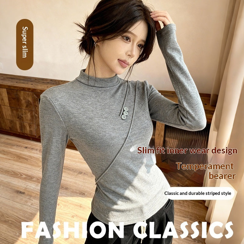Button-up Half Turtleneck Fleece Long-sleeve Women's Base Layer Shirt