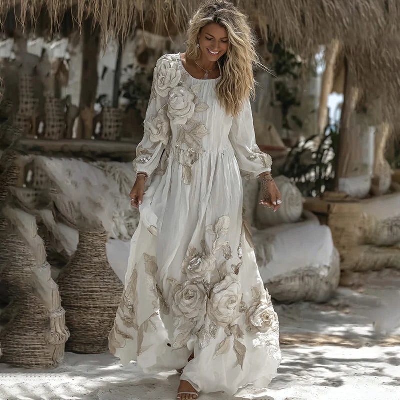 Retro Bohemian Rose Embroidered Linen Loose-Fit Long Dress