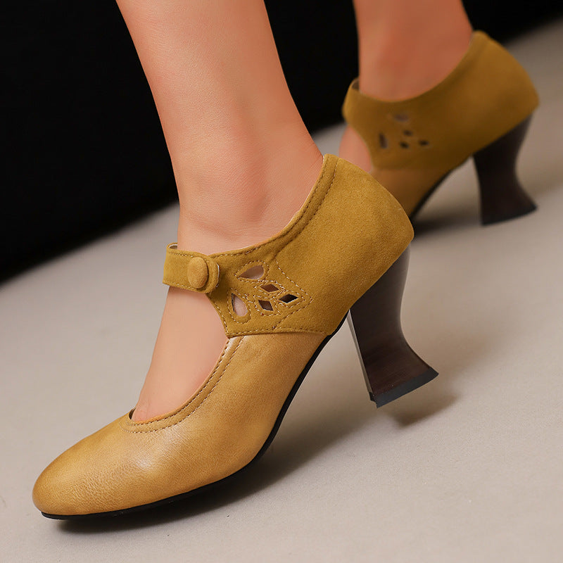 Buckle Spring And Autumn Women's Shoes Round Head Chunky Heel Shoes