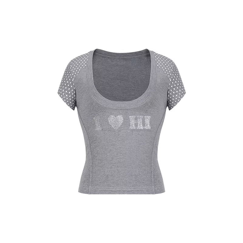 Rhinestone-studded Polka Dot Crew Neck Short-sleeved Base Layer Top And Shorts
