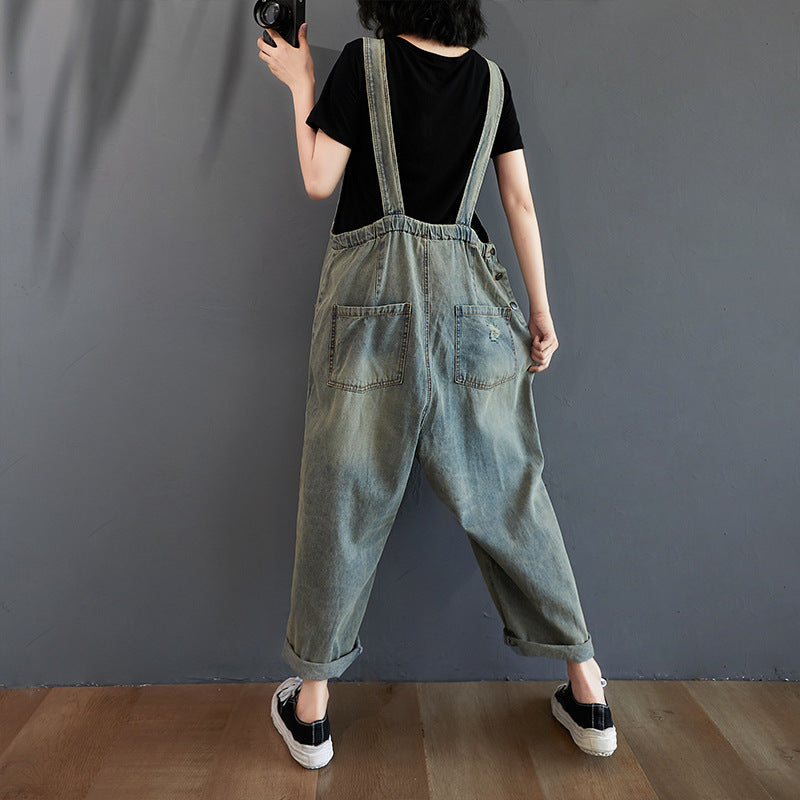 Retro Nostalgiske Ripped Denim Overalls til Kvinder