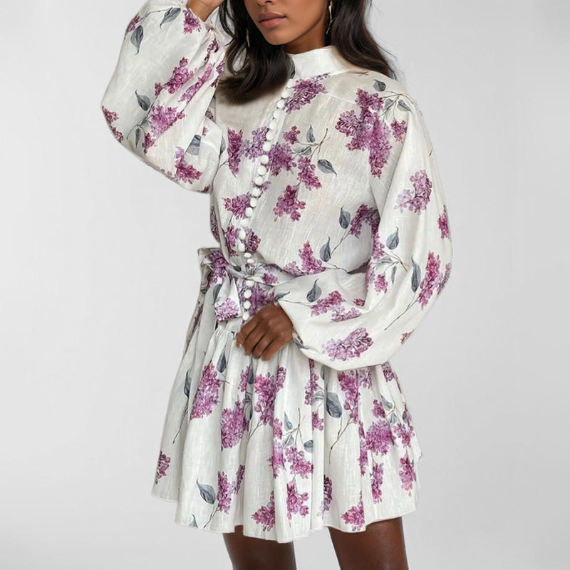 Womens Printed Tie Waist Short Dress