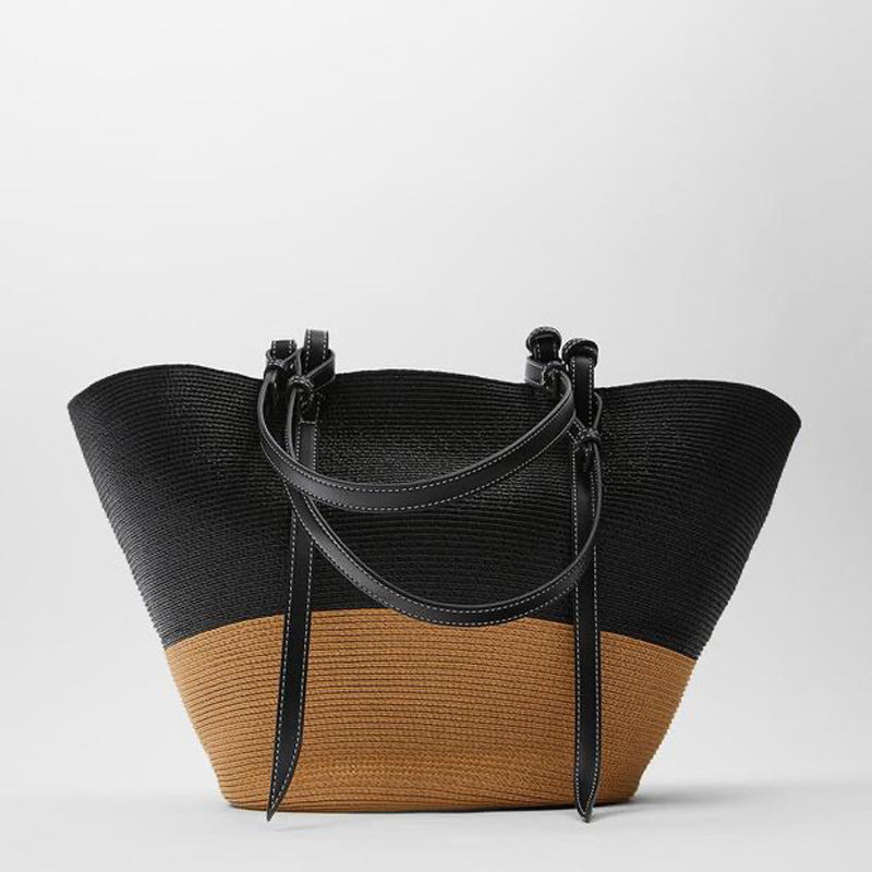 New Straw Color-blocking Basket Large Capacity Handwoven Bag