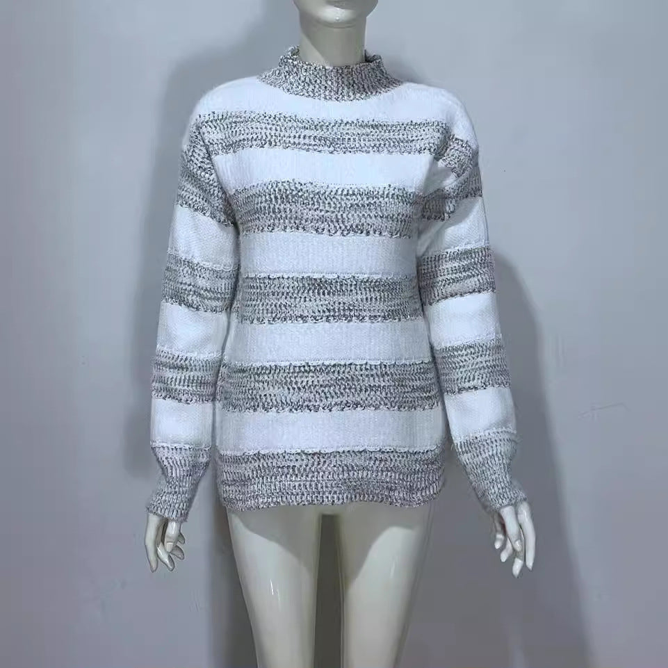 Embroidered Jacquard Pullover Loose Bottoming Shirt Mock Neck Sweater Coat