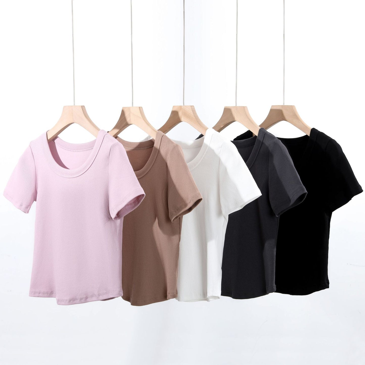 Women's French-style O-neck Short ICE Cotton T-shirt With Curved Hem