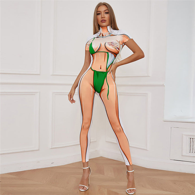 Women's Summer Fashion Colorblock Print Tight Sports Jumpsuit