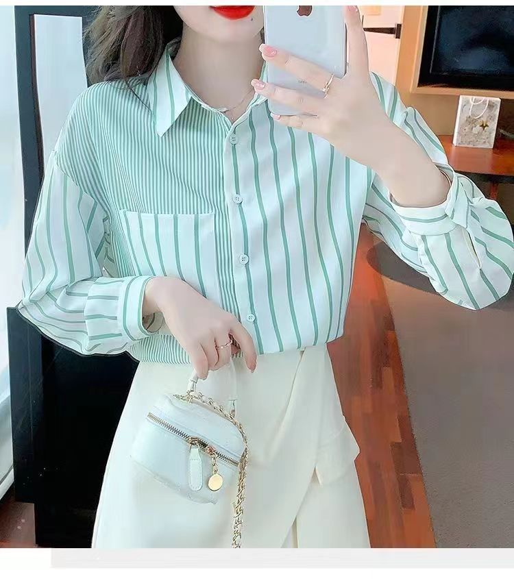 Summer Temperament Polo Collar Slim-fit Long Sleeve Chiffon Shirt