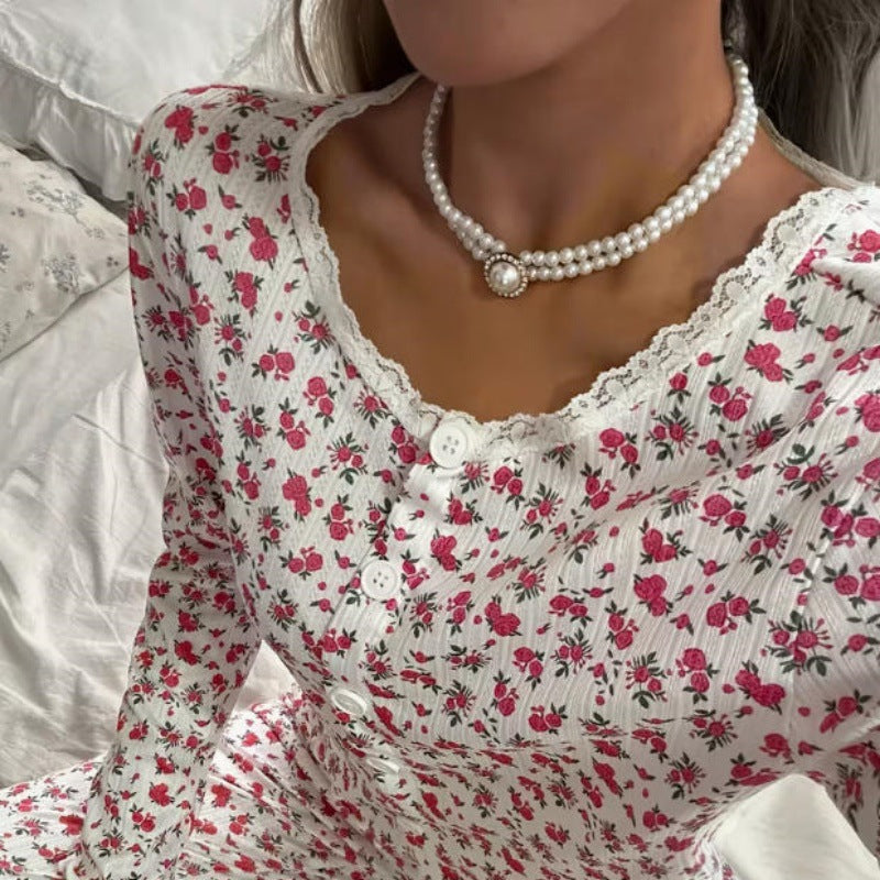 Loungewear-sæt i to dele med blondeprint til kvinder