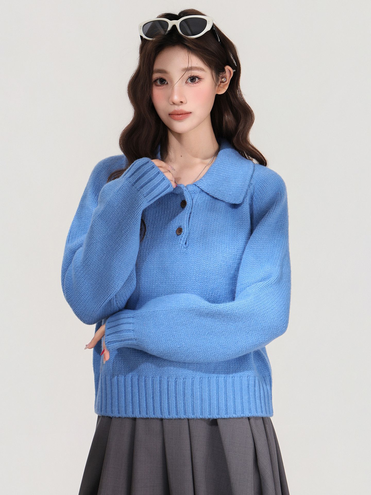 Blue Lapel Knitted Sweater Women's Top
