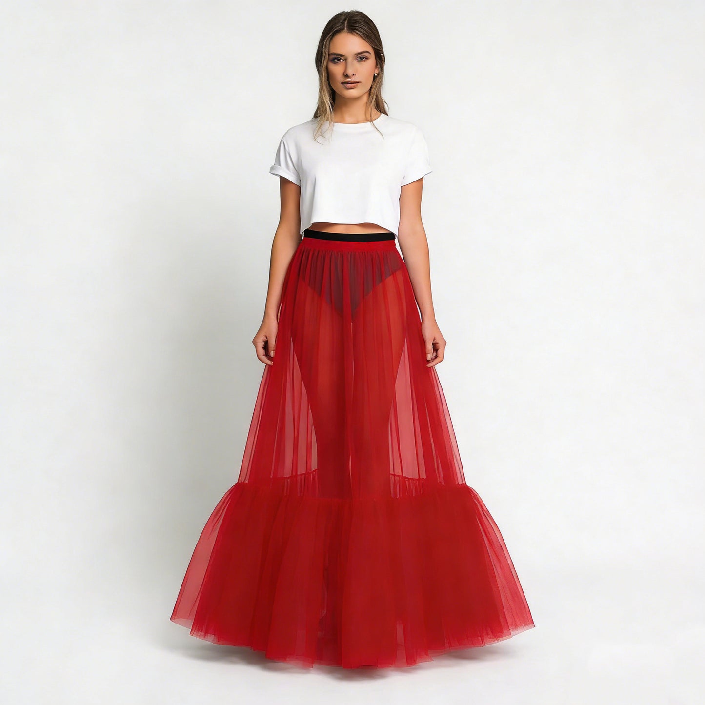Puffed Fishtail Stiff-net Petticoat With Ruffled Hem Sheer Mid-length Skirt