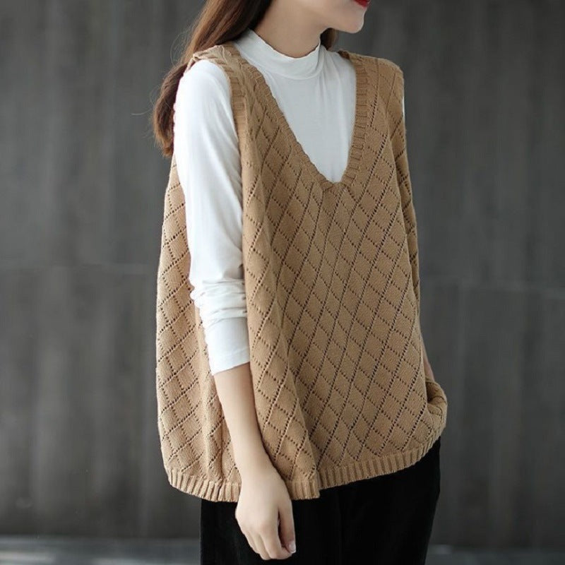 Womens Retro Loose-Neck Hollow-Out Knitted Vest