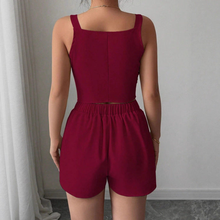 Elegant Slimming Commuter Vest And Shorts Solid Color Two-Piece Set