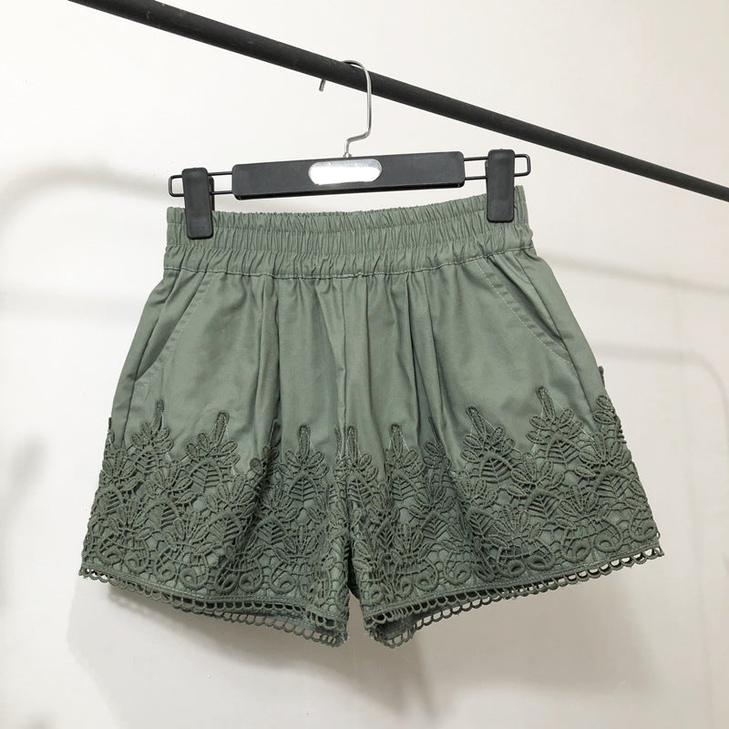Lace Stitching Shorts Women'S Spring And Summer Casual Pants Large Size Thin Straight Wide-Leg Pants