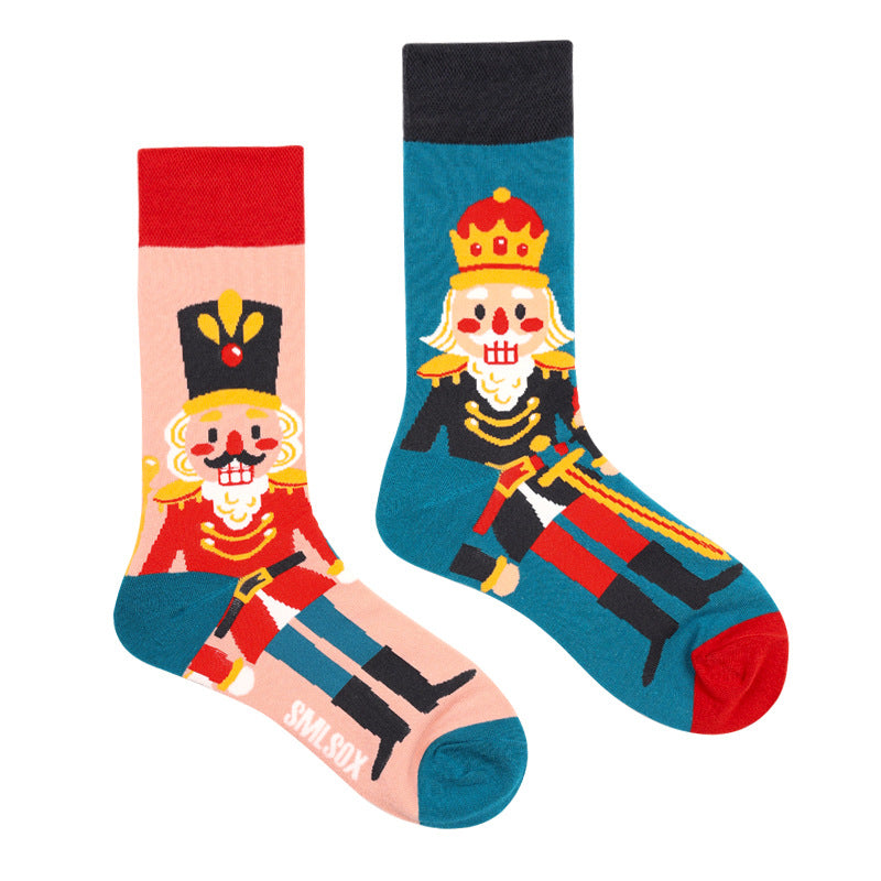 Asymmetrical Color Retro Personality Male And Female Couple Mid-length Cotton Socks