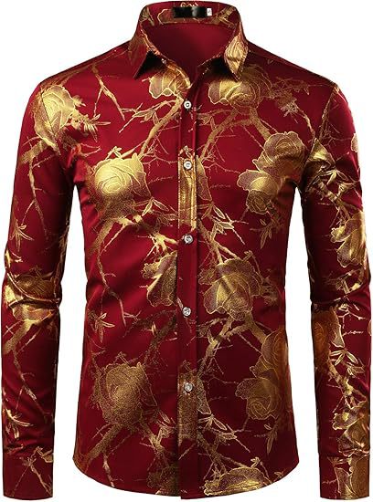 Golden Rose Print Slim Fit Long Sleeve Formal Wear Shirt