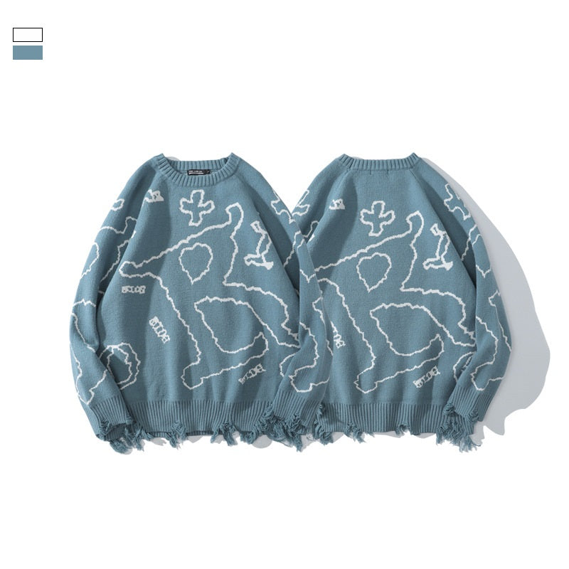 Blue Letter Jacquard Pullover Round Neck Winter Undercoat