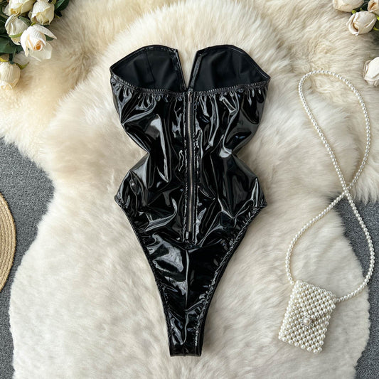 Spring And Autumn New V-neck PU Leather High Fork Jumpsuit For Women