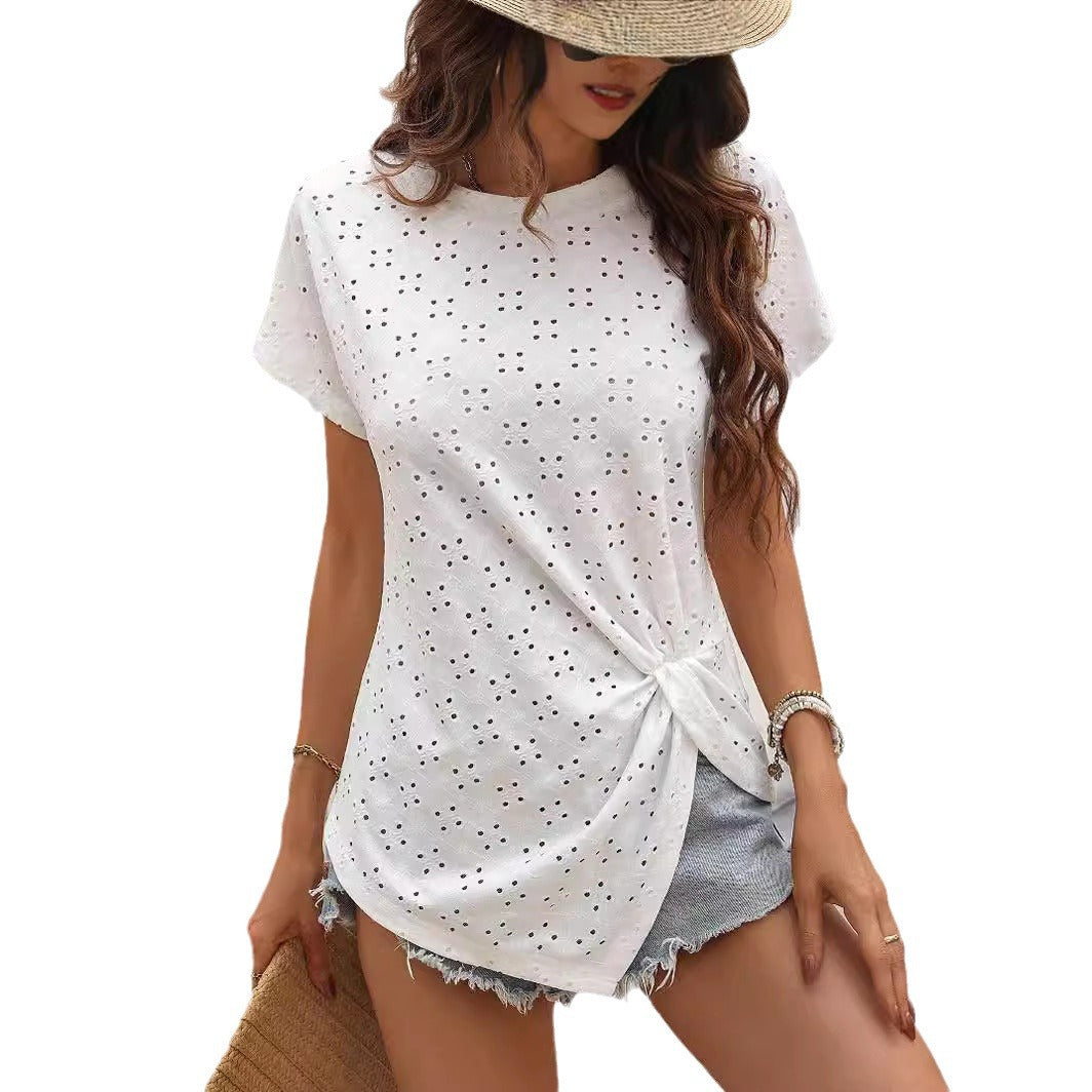 Fashion Casual Kvinder Ensfarvet Frisk Jacquard Plisseret Rundhalset T-shirt
