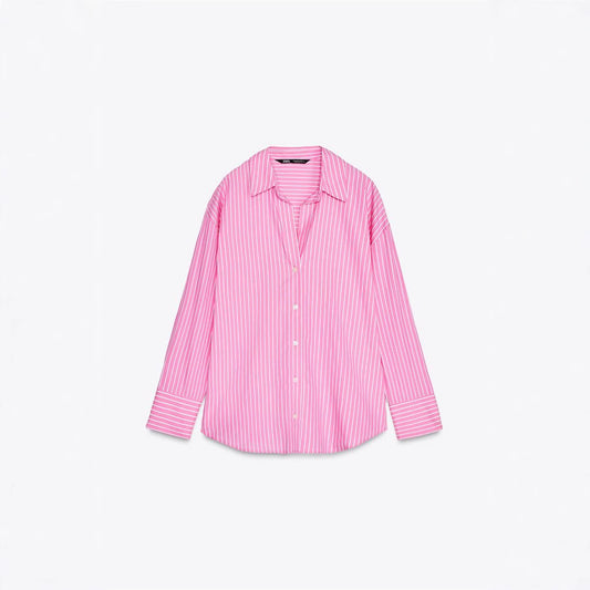 European And American Style Long Sleeve Lapel Loose Striped Poplin Shirt
