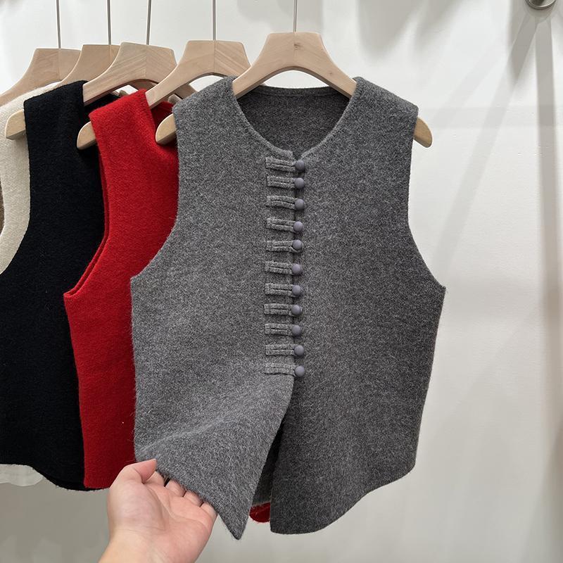 Knitted Vest Western Style Minimalist Sleeveless Chinese Knot Button Top