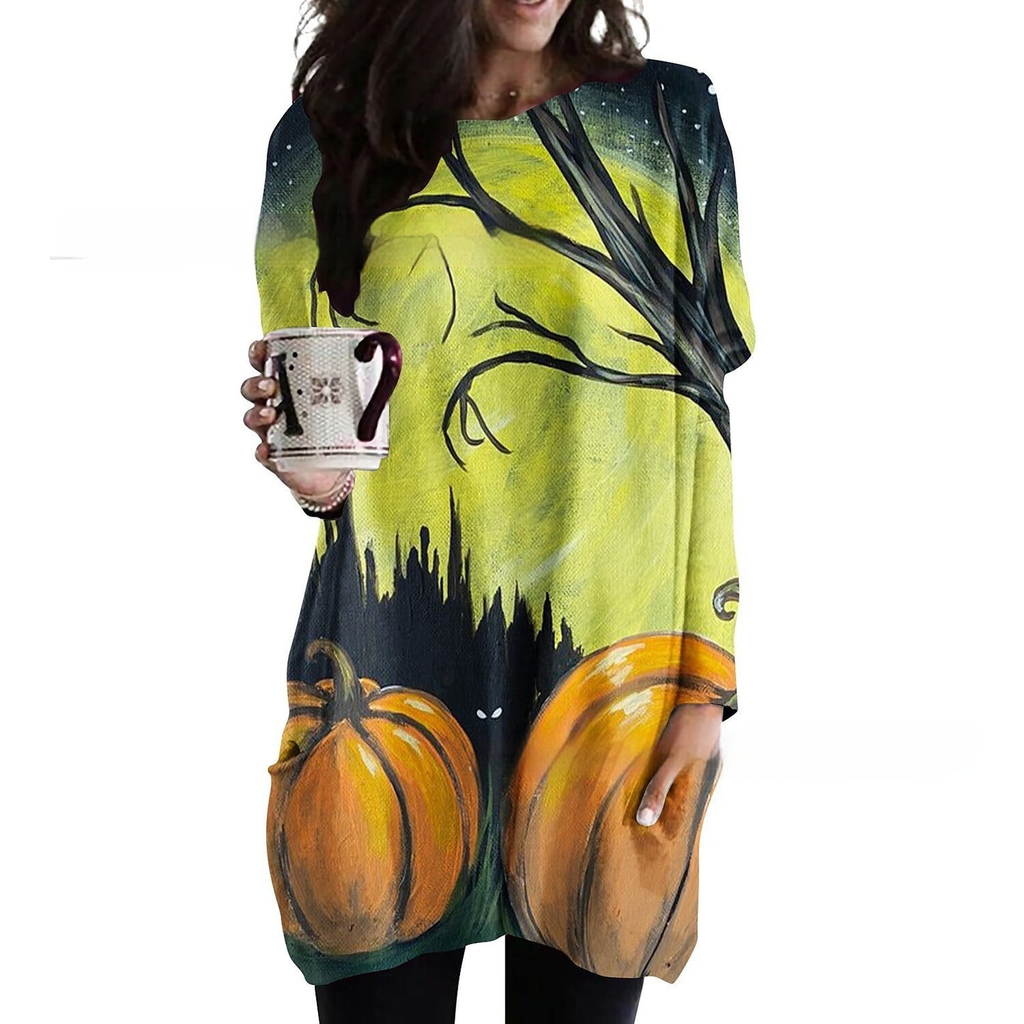 Women's Round Neck Mid-length Long-sleeved T-shirt With Pockets