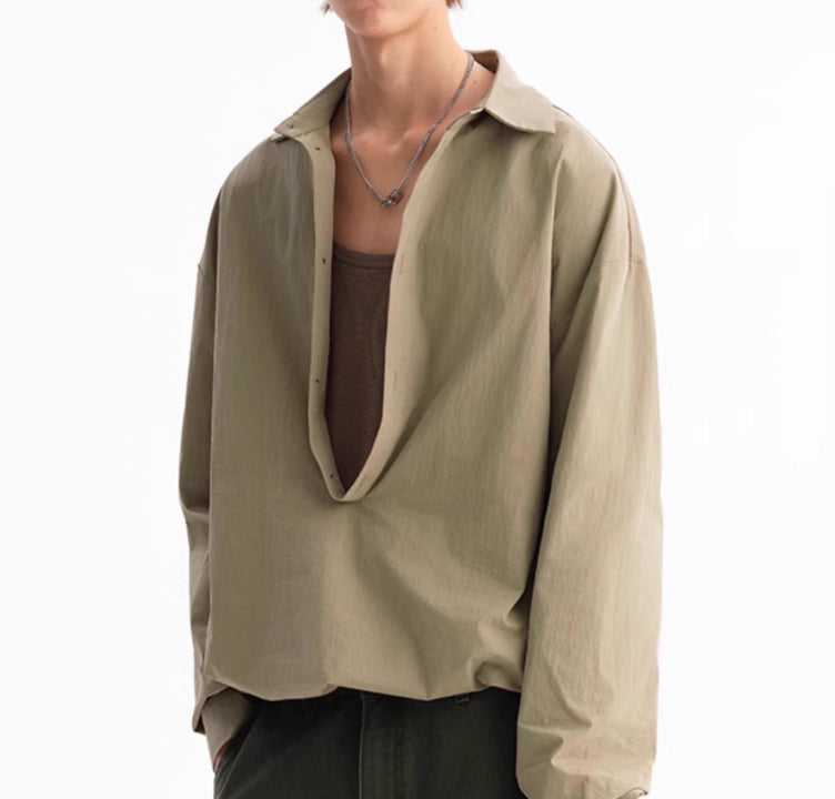 Green Leisure Commute Deep V Elastic Lower Hem Loose Long Sleeve