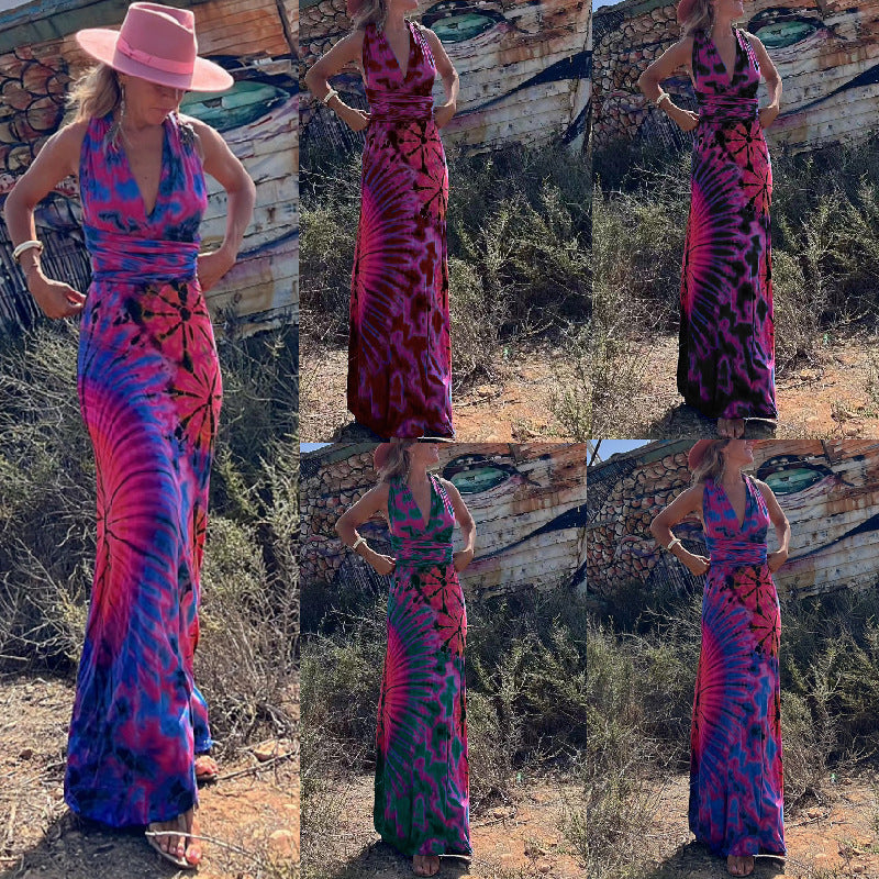 Printed Sleeveless V-Neck A-Line Dress