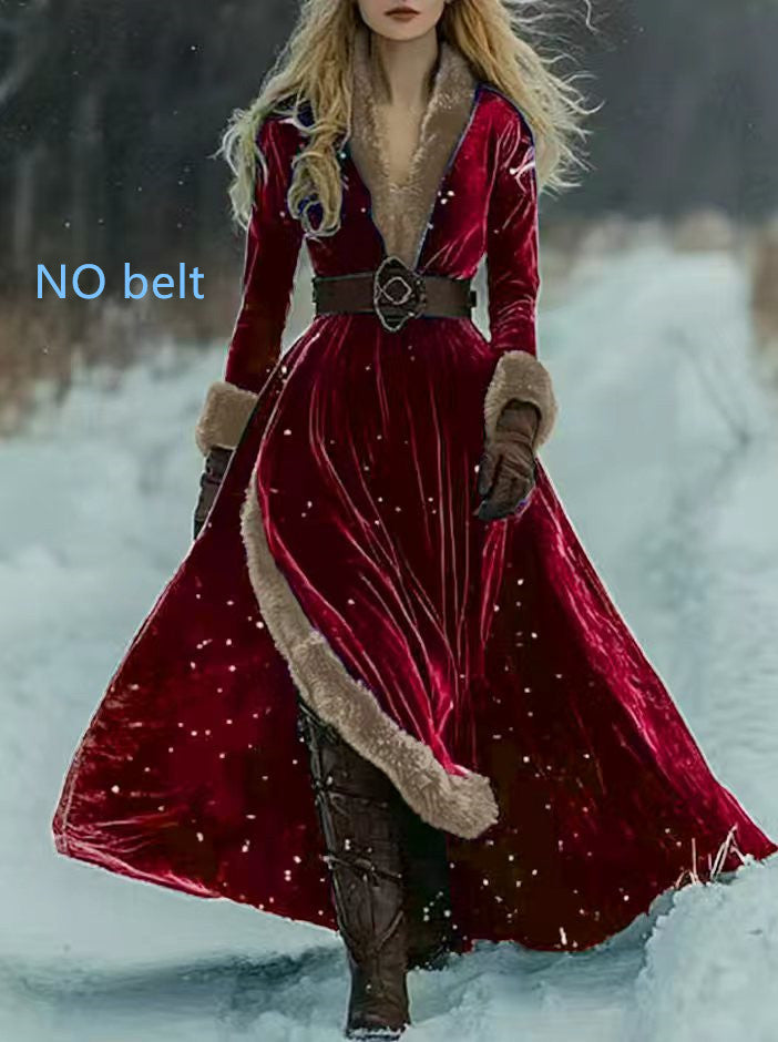 V-neck Split Autumnwinter Relaxed-waist Coat Dress