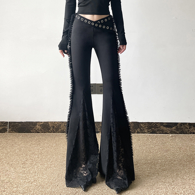 Hot Girl Lace Stitching Drape Bootcut Trousers Female