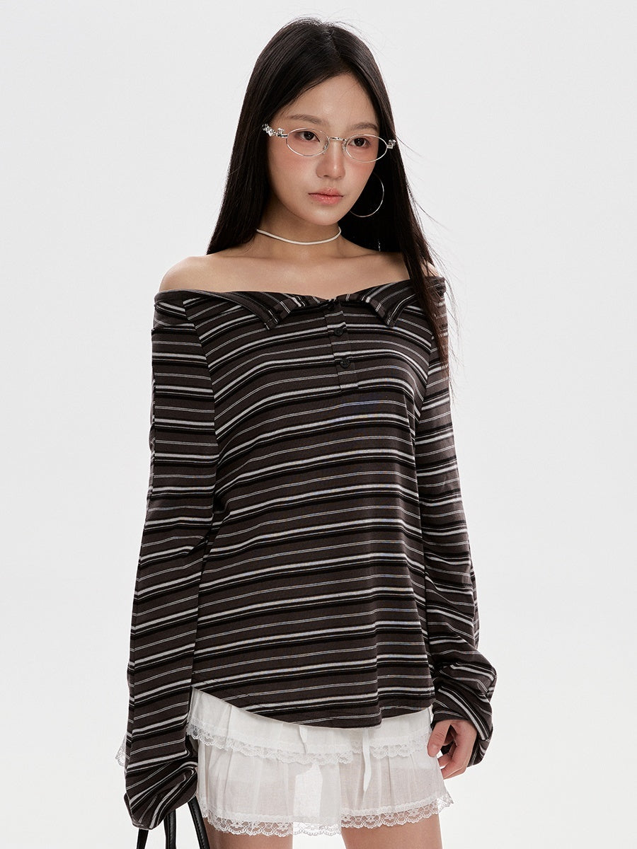 Striped Boat-neck Long-sleeve T-shirt Women's Style New Springautumn Collection
