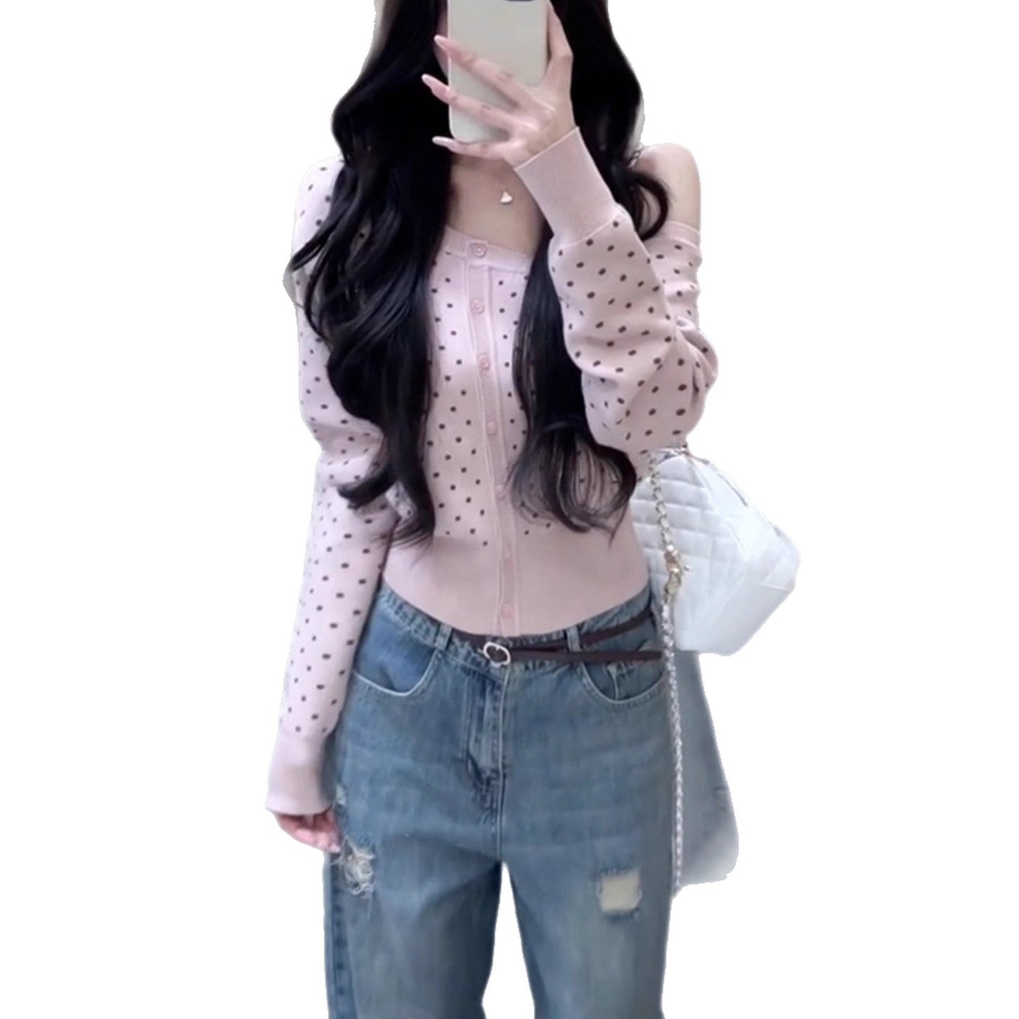 Polka Dot Long Sleeve Diagonal Cardigan Sweater Women's Casual Coat