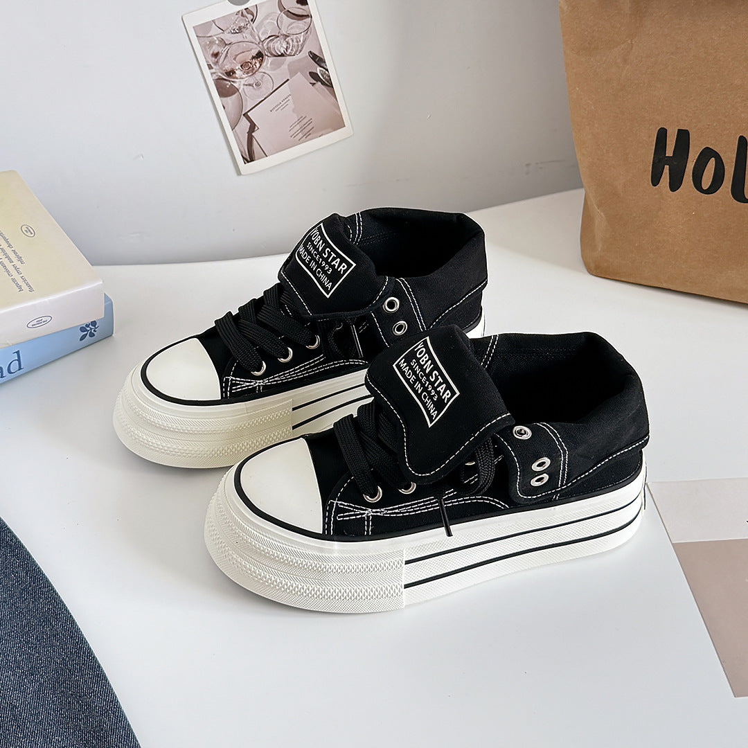 Womens Thick-Soled High-Top Canvas Shoes Black All-Match Sports Casual Sneakers With Height-Boosting Sole