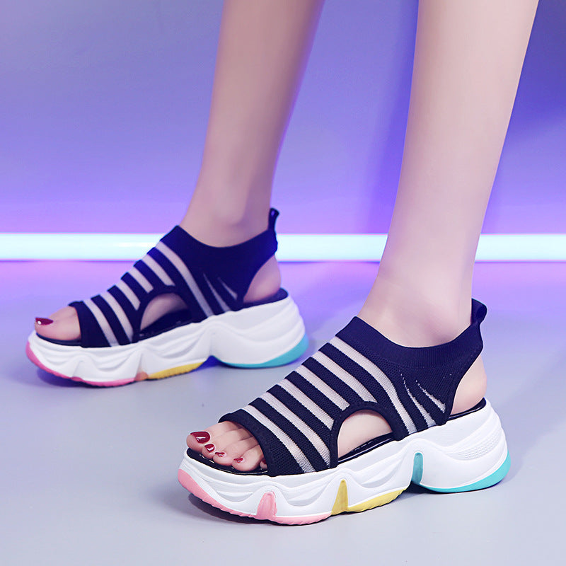 Rainbow Sole Mid-Heel Slip-On Sports Sandals Flyknit
