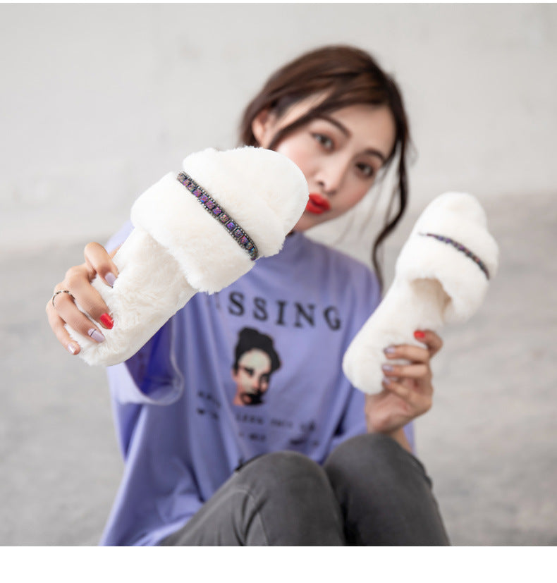 Rhinestone Accessories Plush  Indoor And Outdoor Non-slip Fur Slippers