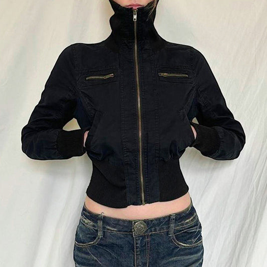 American-style Waist-tight Slimming Zipper Cardigan Woven Turtleneck Solid Color Coat