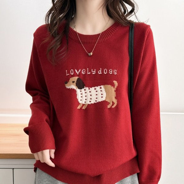 Cartoon Puppy Jacquard Crew-Neck Pullover Sweater For Women Soft Cozy And Warm Knitted Base Layer Top