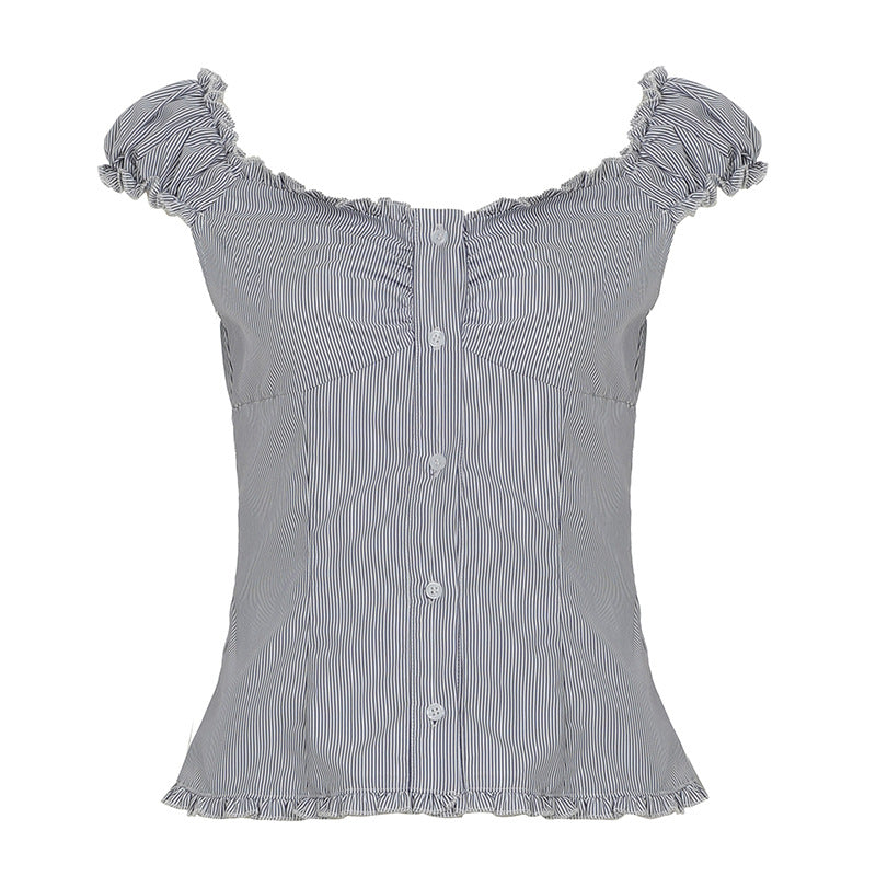 Sweet Slim Fit U-shaped French Wooden Ear Lace-collared Blouse