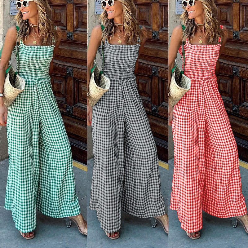 Summer Elegant Women's Trousers Plaid Jumpsuit Mid-waist Casual Pants