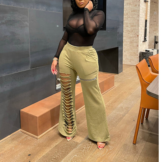 Womens Loose Casual Pants With Hollowed-Out Burnout Zipper Pockets