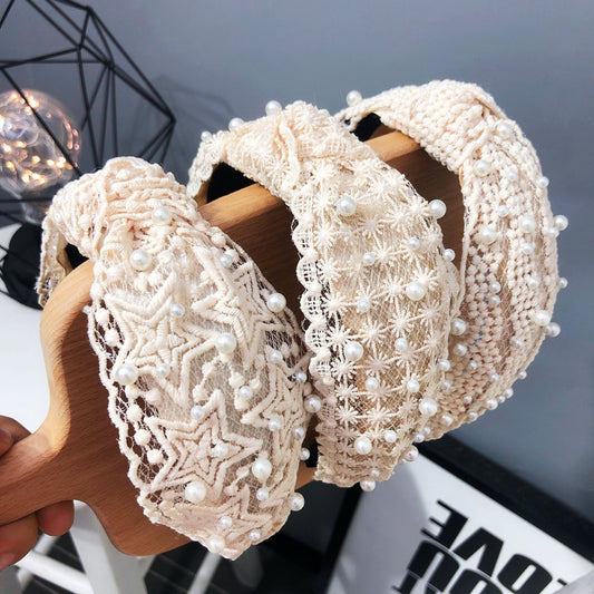 Ladies Buckle Pearl Lace Knotted Headband