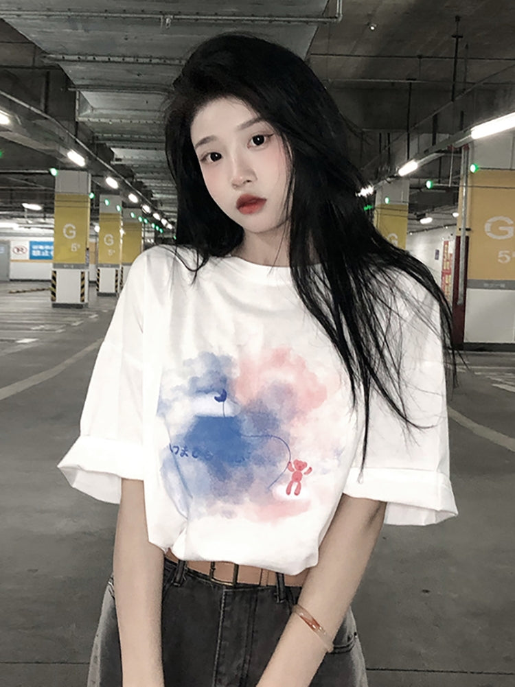 Retro Bear Super Fire Ins Loose Large Size Short-sleeved Design Top