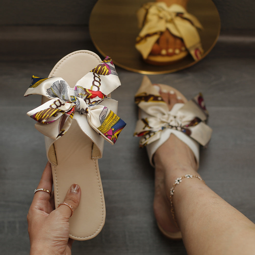 Flat-bottomed Sweet Bow Solid Color Outdoor Slippers